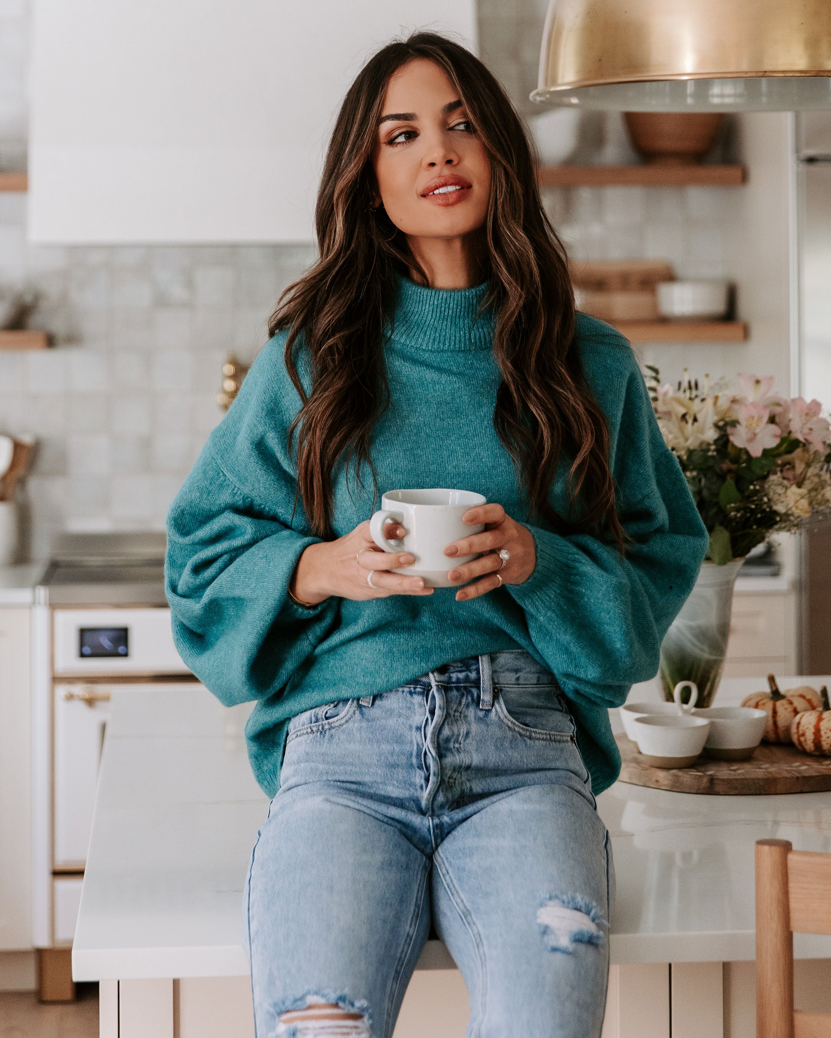 Annika Knit Mock Neck Pullover Sweater - Teal