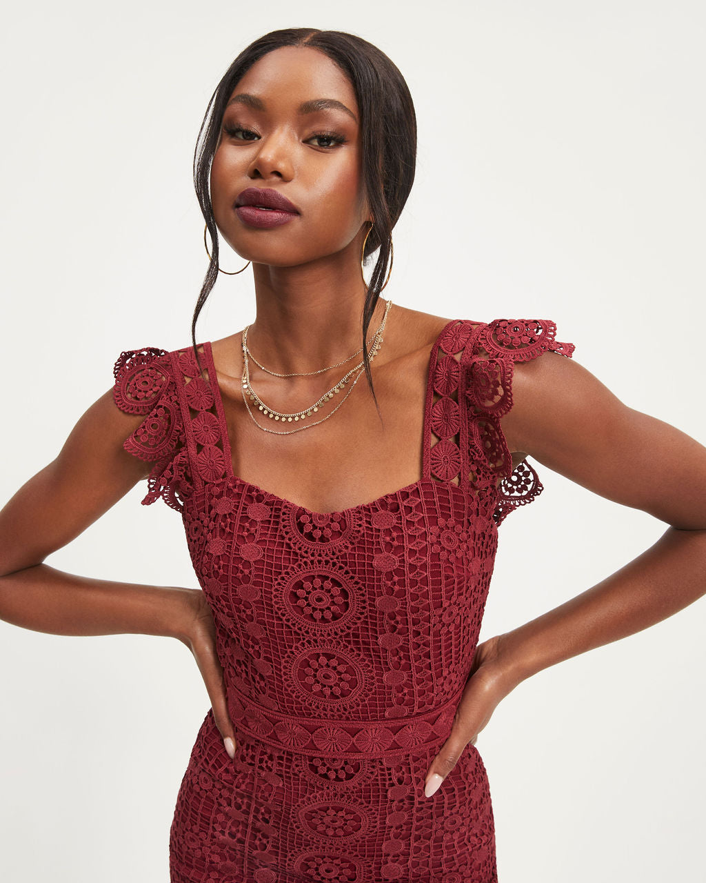 Dare To Be You Crochet Lace Ruffle Midi Dress - Wine