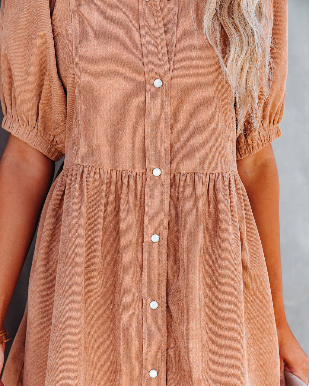 Owen Corduroy Puff Sleeve Babydoll Dress - Camel