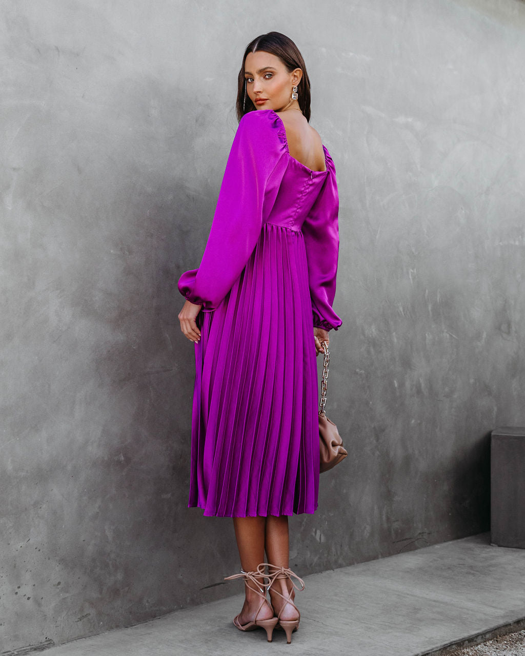 Romantic One Satin Pleated Midi Dress - Purple
