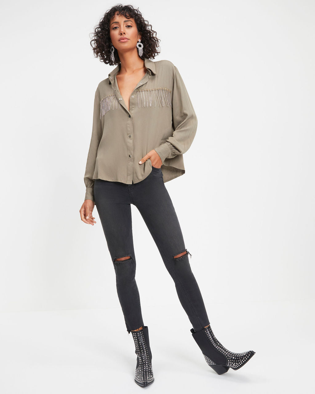 Dolly Glam Rhinestone Fringe Button Down Top - Olive