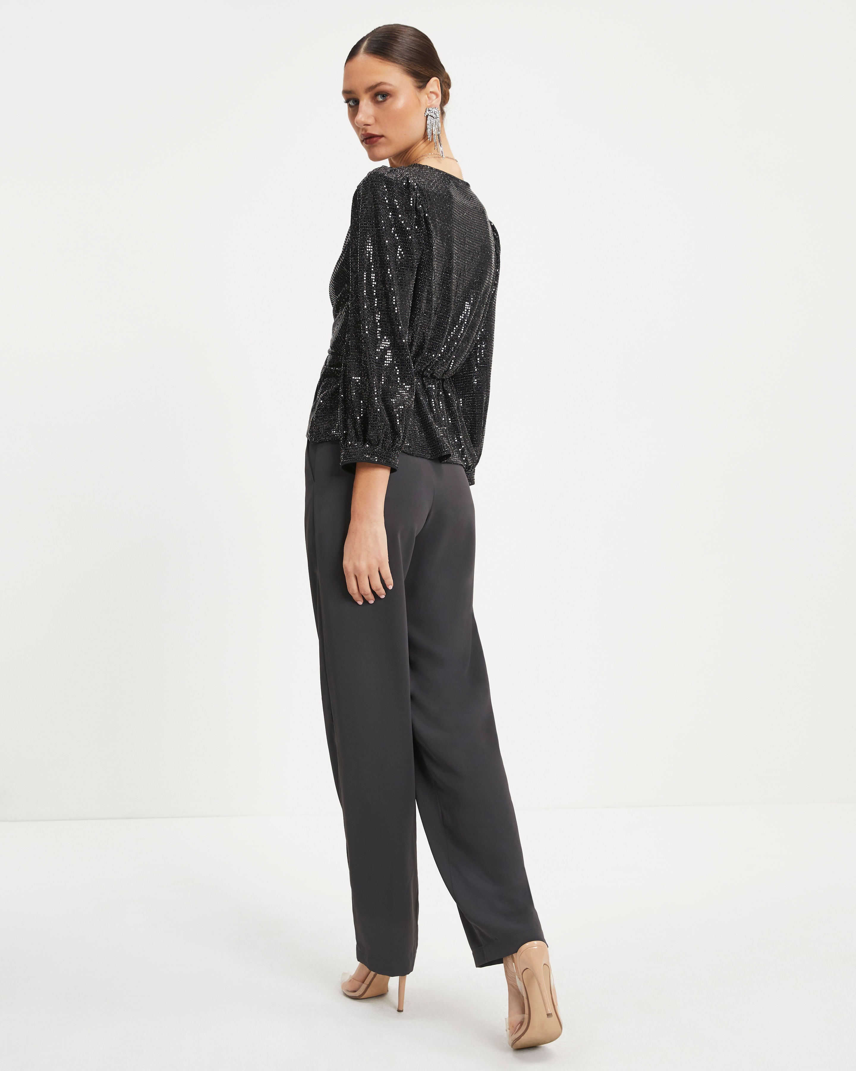 Disco Queen Twisted Front Sequin Top - Black