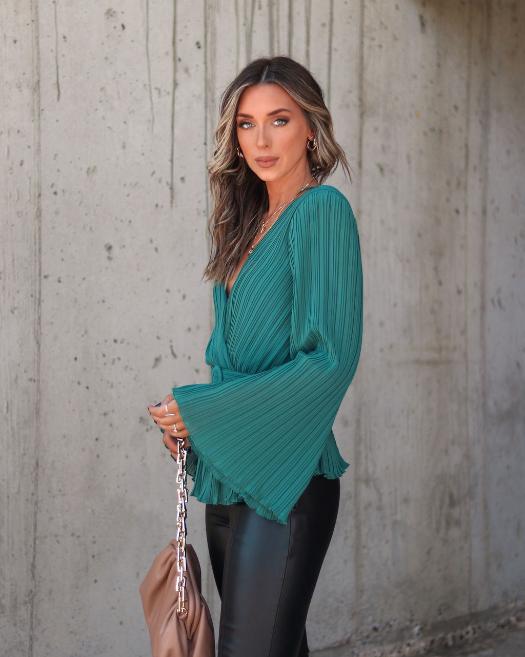 Everything And More Pleated Belted Blouse - Hunter Green