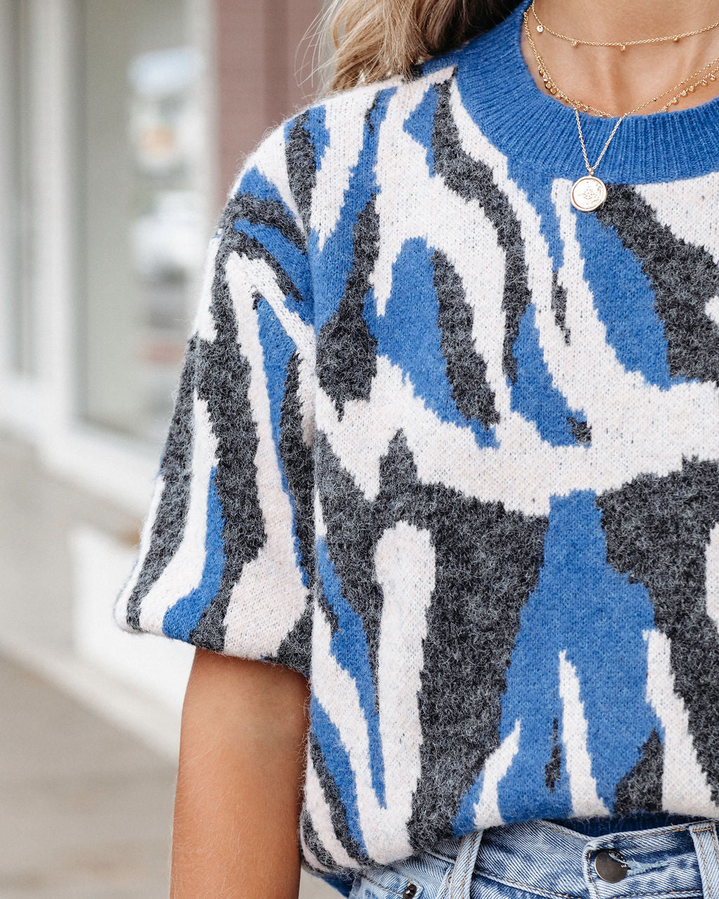 Cape Town Knit Printed Sweater Top - Blue Combo - SALE