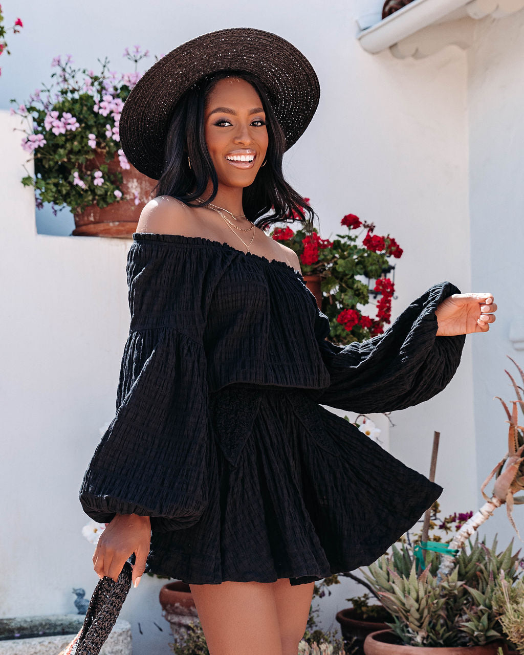 Aflame Cotton Pocketed Off The Shoulder Mini Dress - Black - FINAL SALE