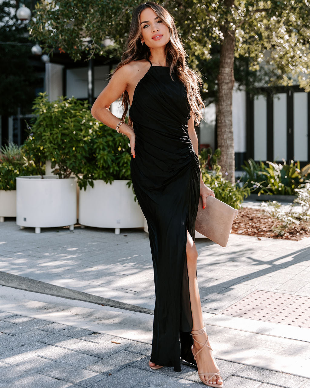 Take A Chance Satin Drape Maxi Dress - Black