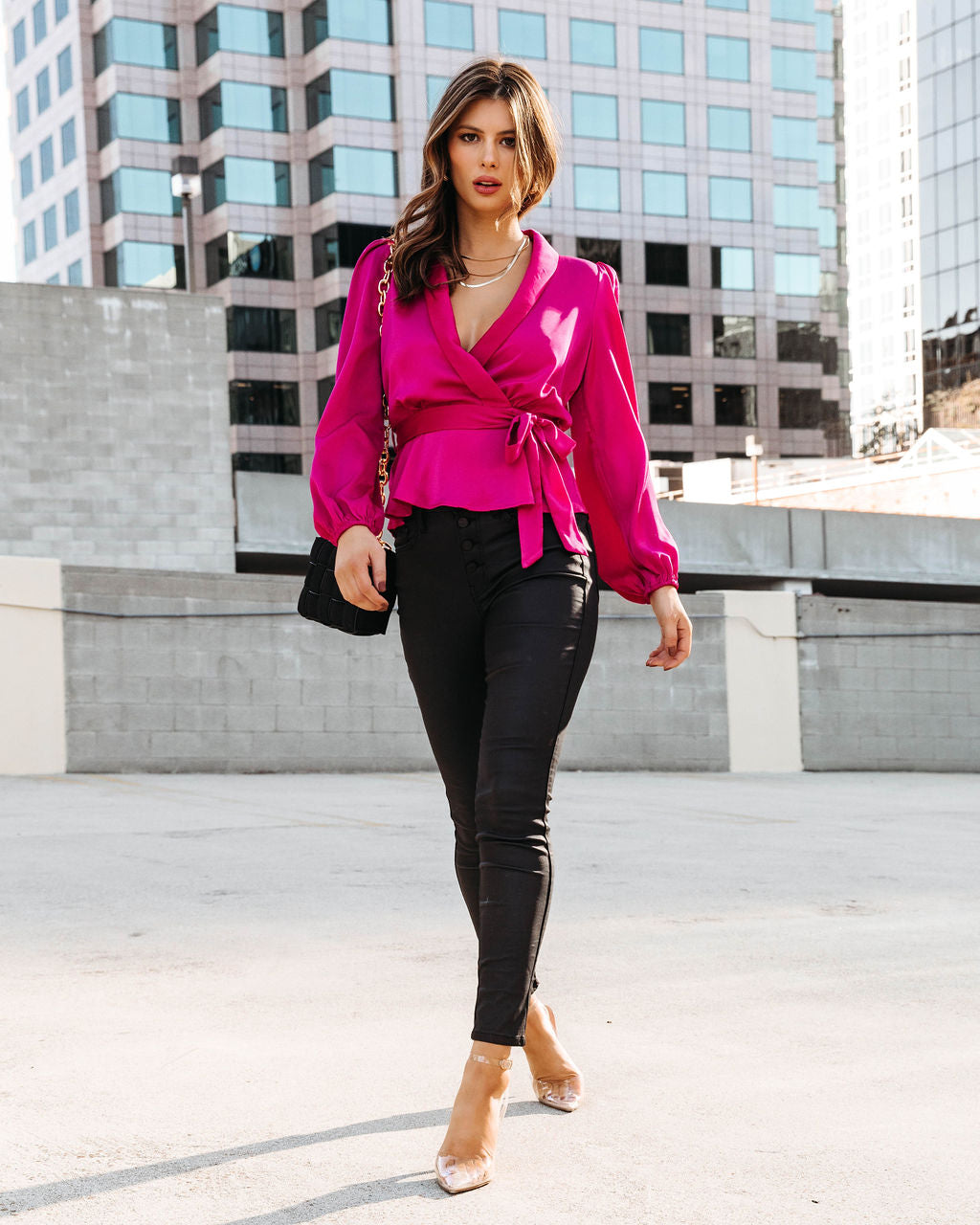 Adelynn Satin Waist Tie Peplum Top - Fuchsia