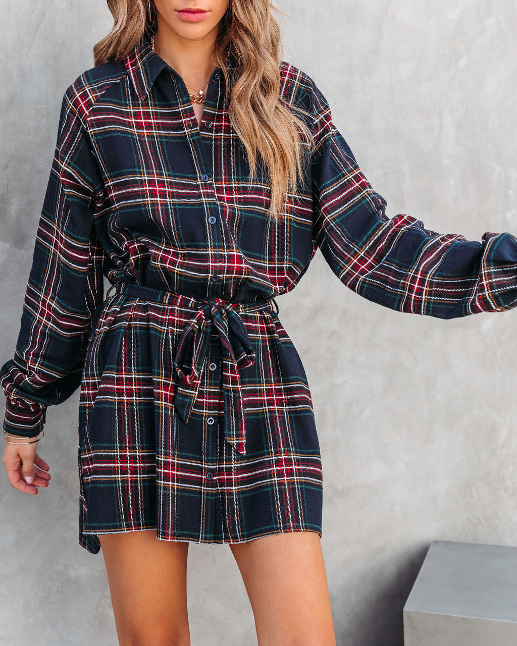 Riana Cotton Plaid Tie Shirt Dress - Navy