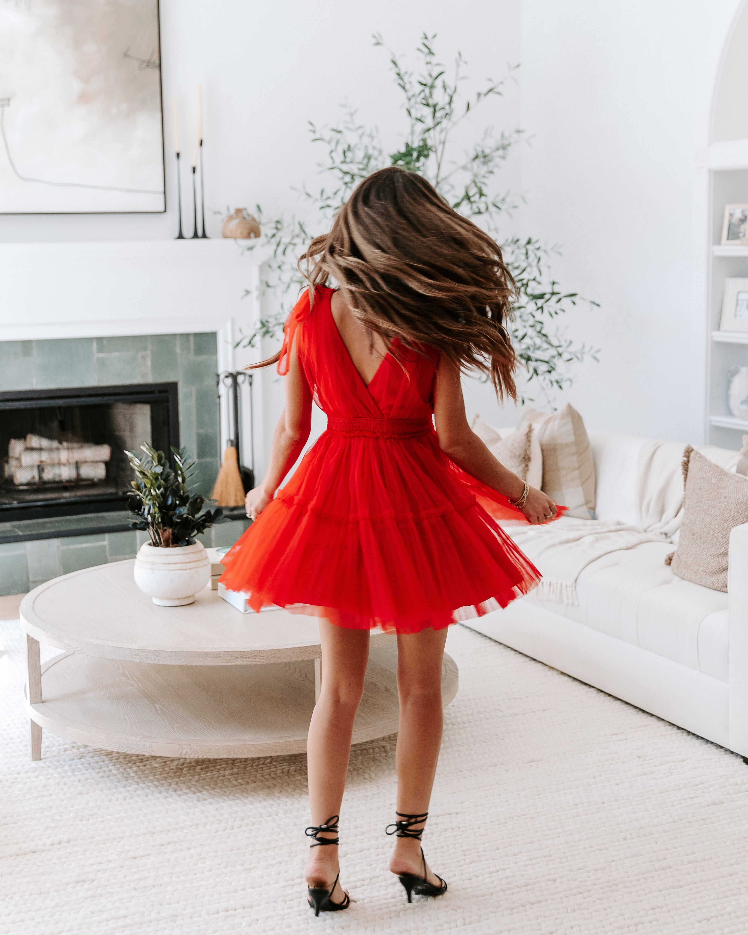 Venice Shoulder Tie Tulle Mini Dress - Red