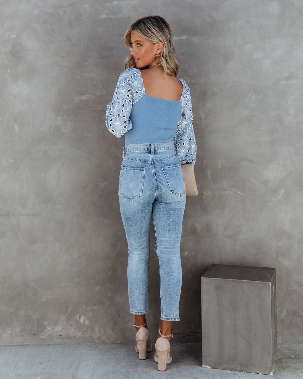 Christine Embroidered Balloon Sleeve Top - Light Blue