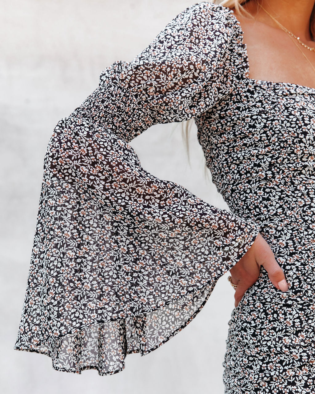 Morris Floral Bell Sleeve Ruched Mini Dress