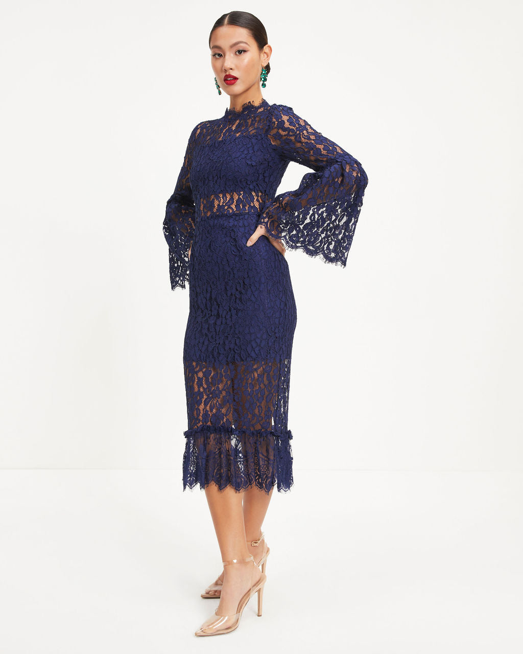 Love Story Baby Lace Bell Sleeve Midi Dress - Navy