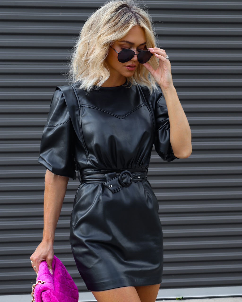 Sleek To The Nines Belted Faux Leather Mini Dress - Black