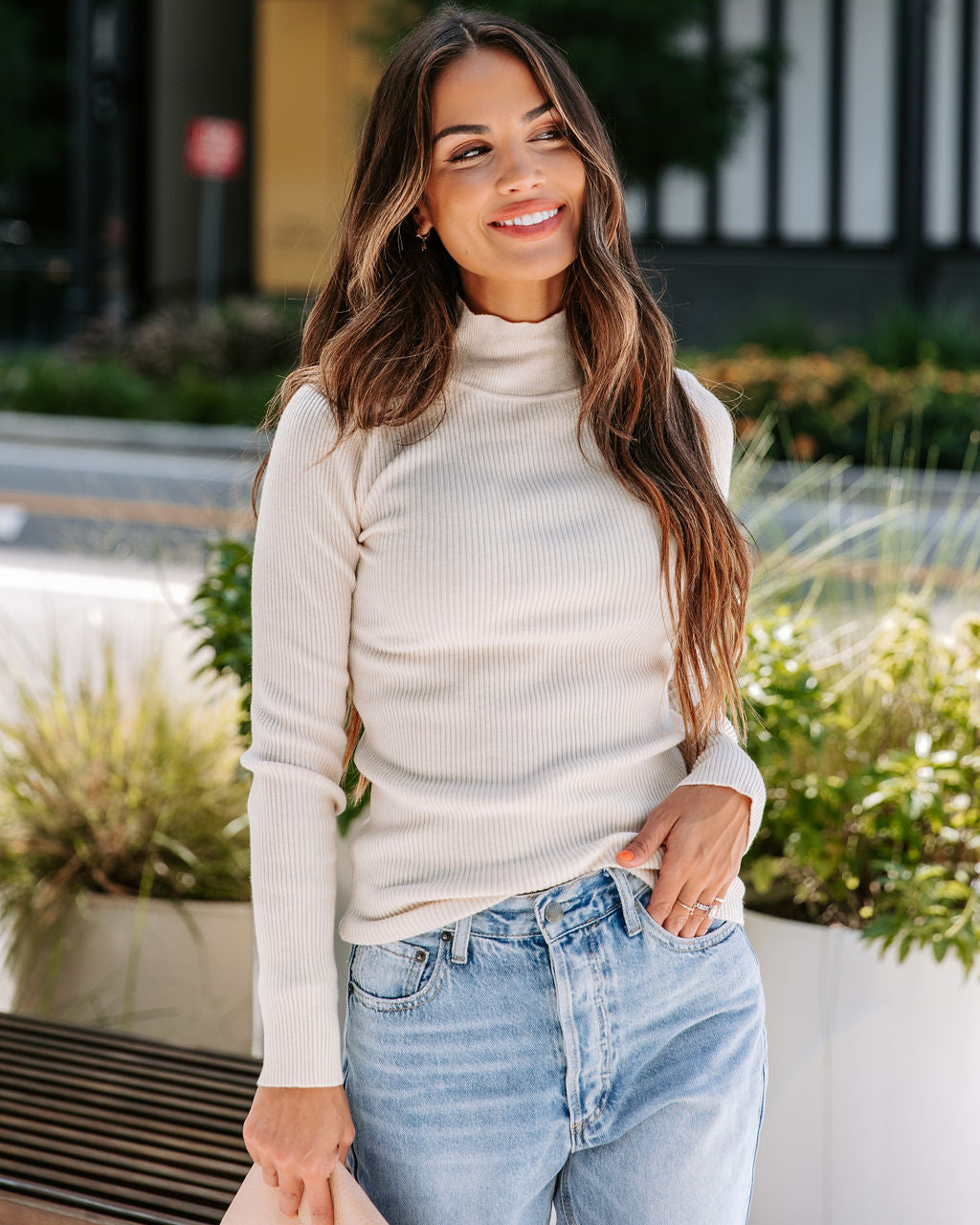 Tell Me About It Ribbed Mock Neck Long Sleeve Top - Oatmeal - FINAL SALE