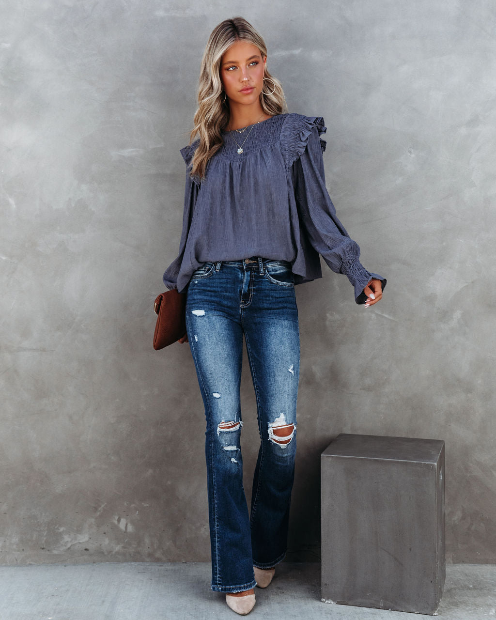 Justina Crinkle Ruffle Shoulder Top - Charcoal