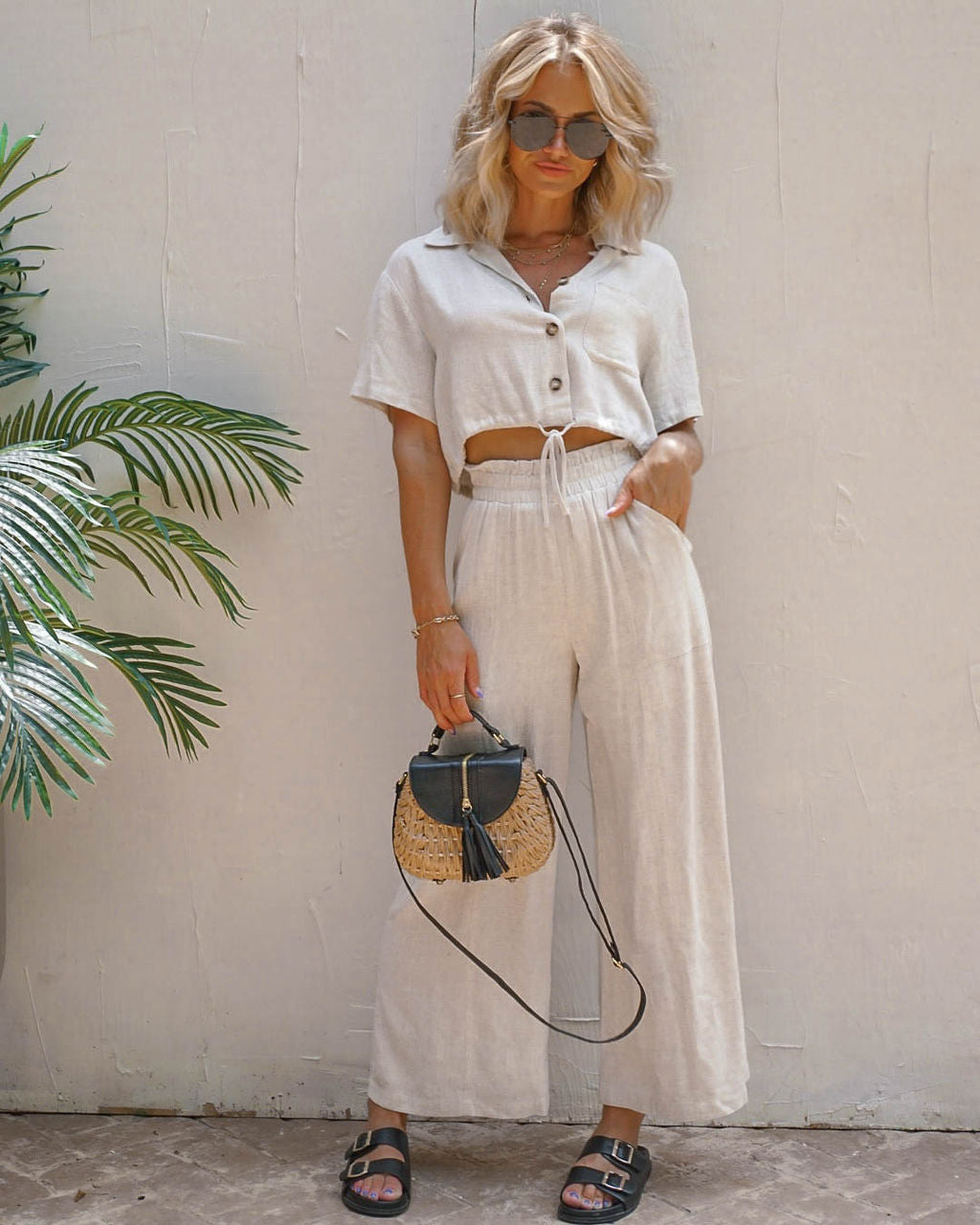 Sandbar Strolls Button Down Crop Top - Natural - FINAL SALE