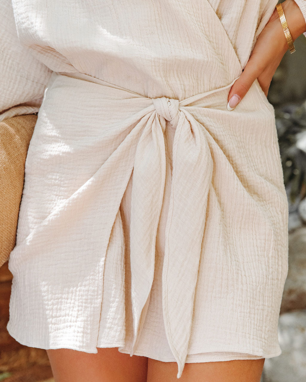 Quinley Cotton Tie Front Drape Dress - Taupe - SALE - SALE