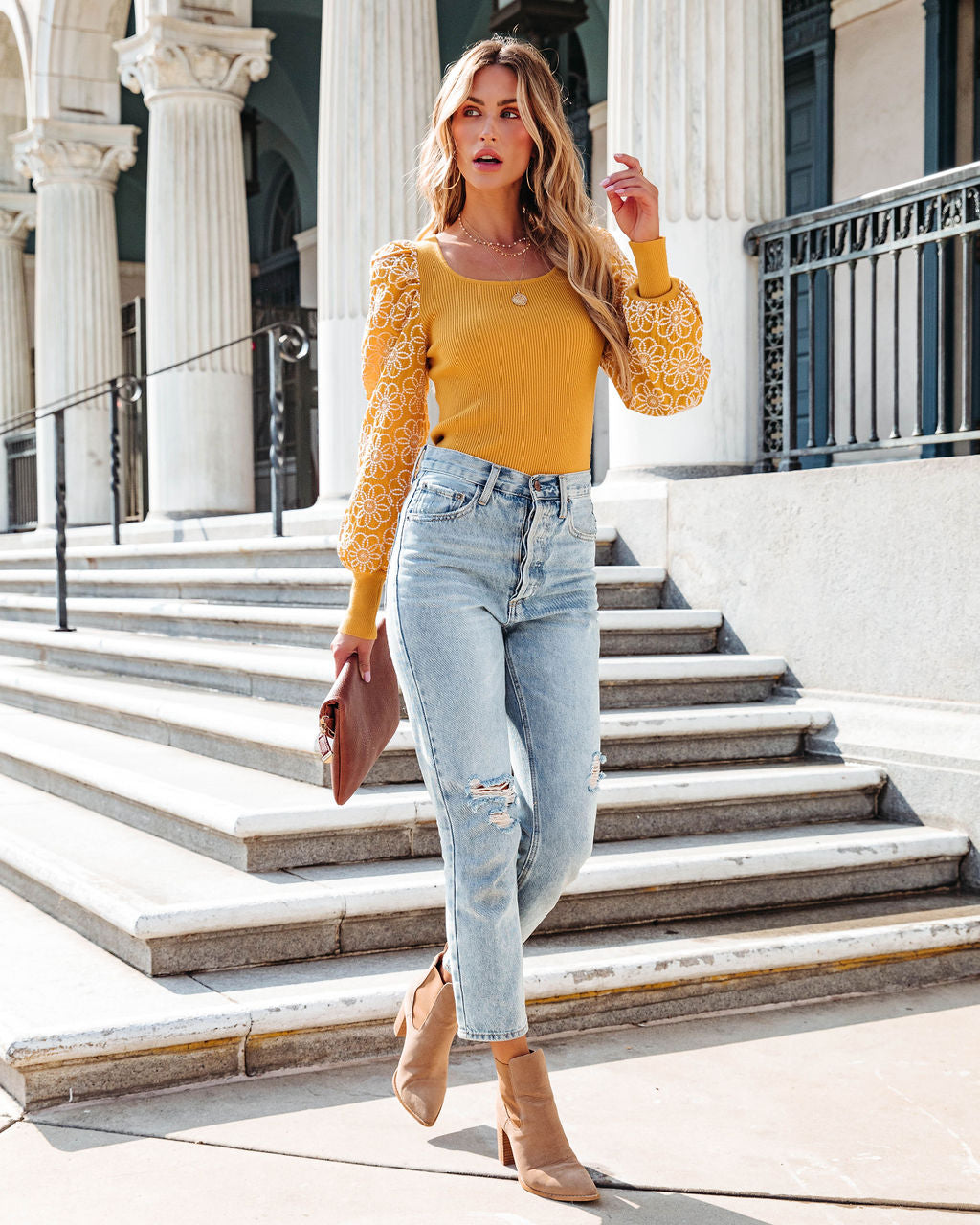 Sunshine Daisies Embroidered Knit Top - Mustard