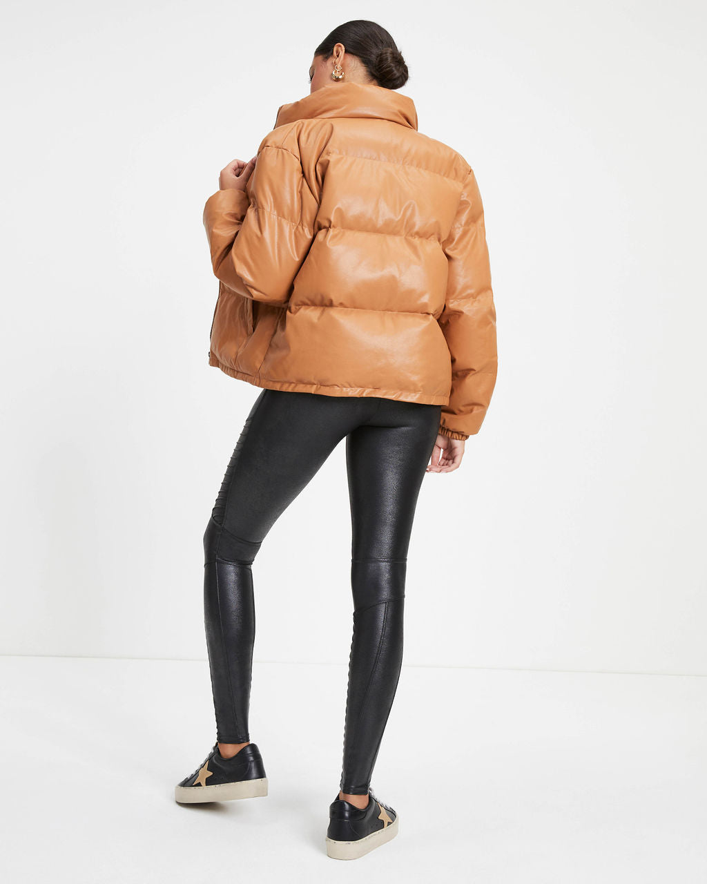 Raza Pocketed Faux Leather Puffer Jacket - Camel