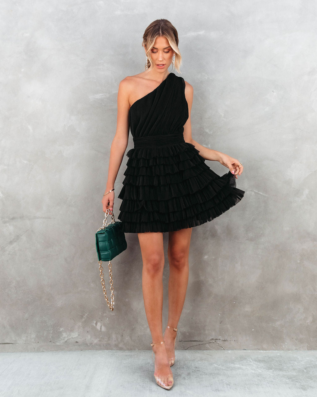 Hello Lover One Shoulder Tiered Tulle Mini Dress - Black