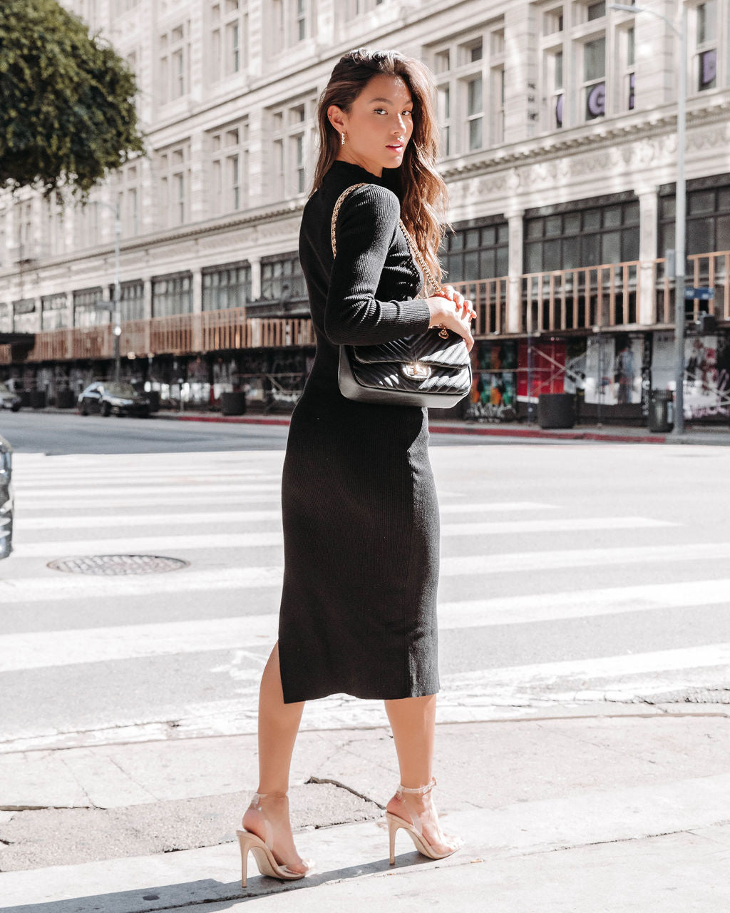 Hold That Thought Ribbed Mock Neck Midi Dress - Black