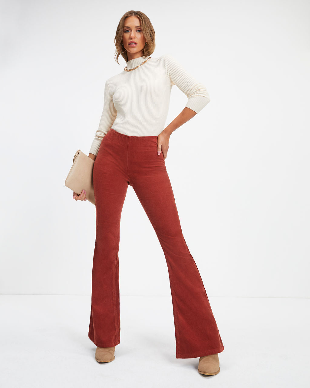 Sophie High Rise Bell Bottom Corduroy Pants - Brick