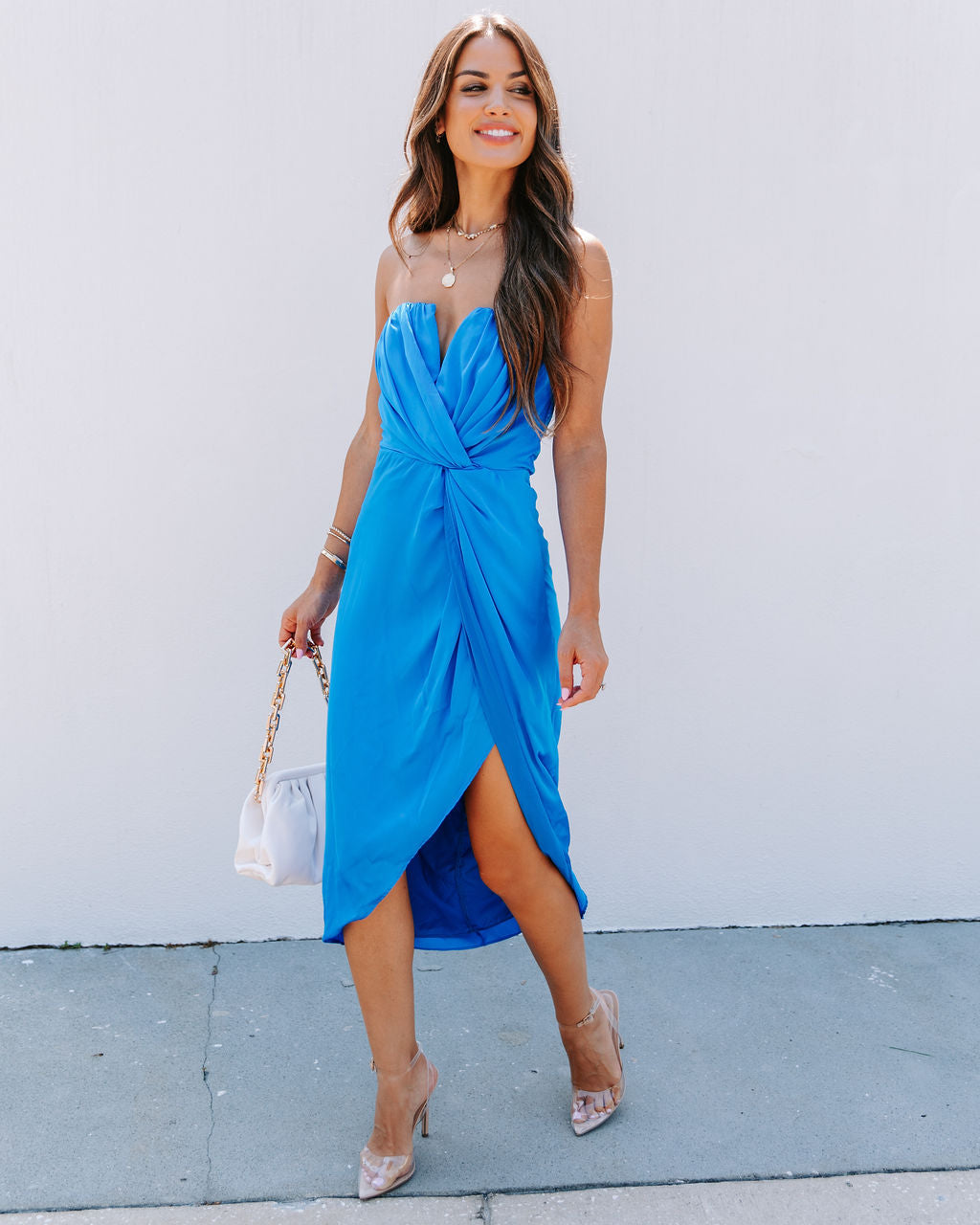 Classy And Fabulous Strapless Satin Midi Dress - Cobalt - FINAL SALE