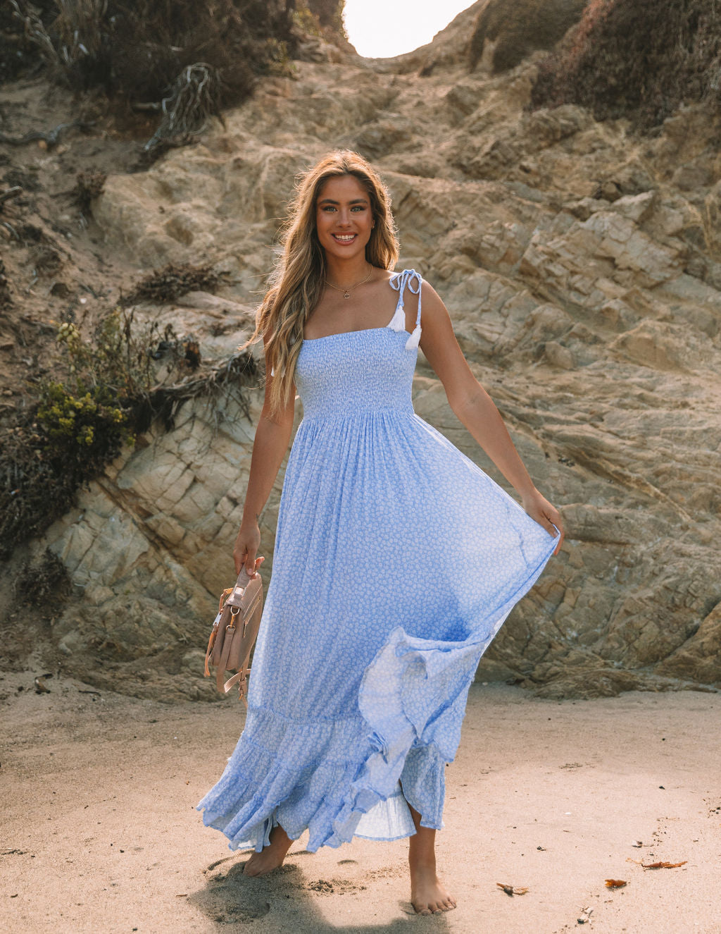 Bradlea Smocked Tassel Tie Maxi Dress - Blue