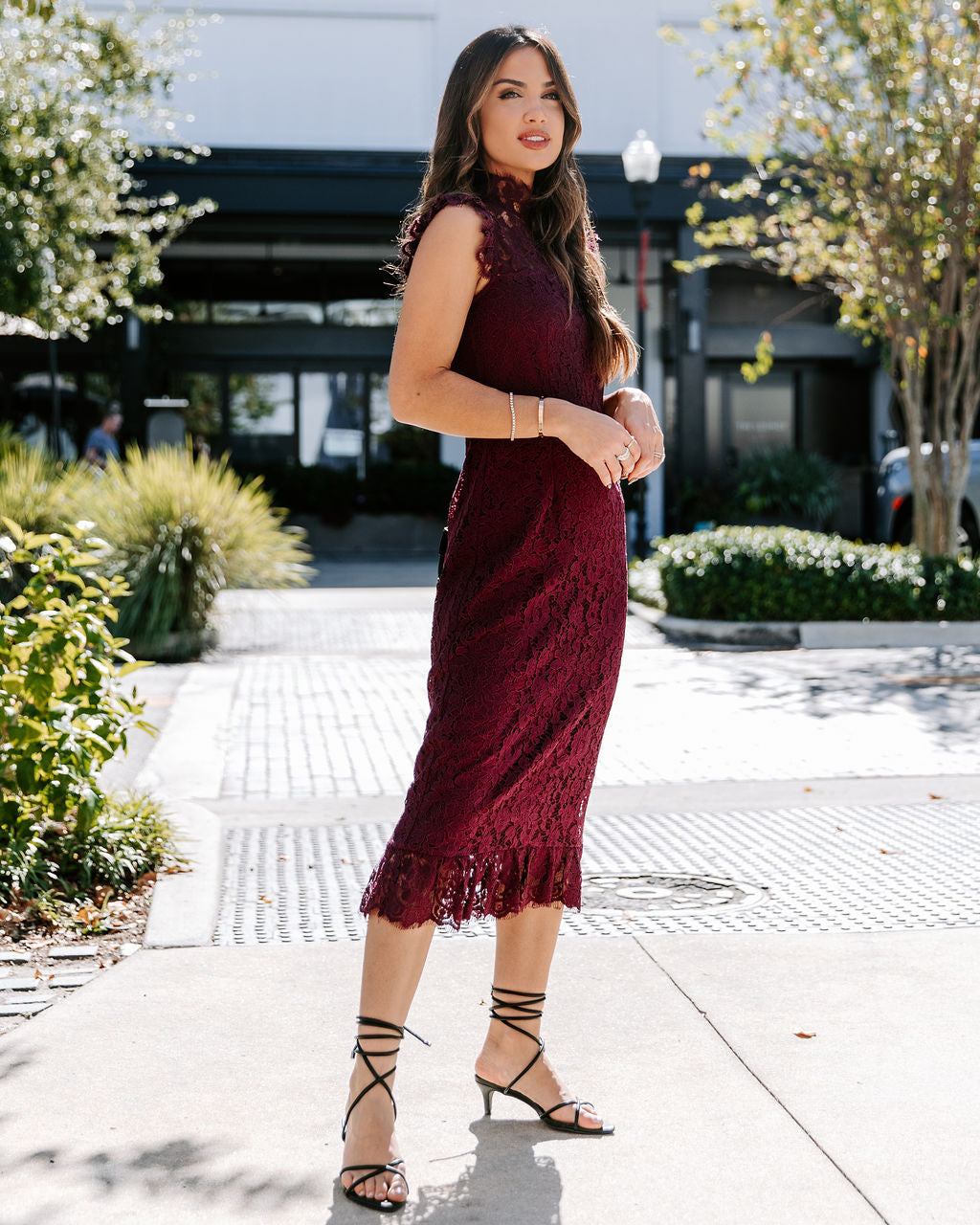 Frances Lace Ruffle Midi Dress - Wine