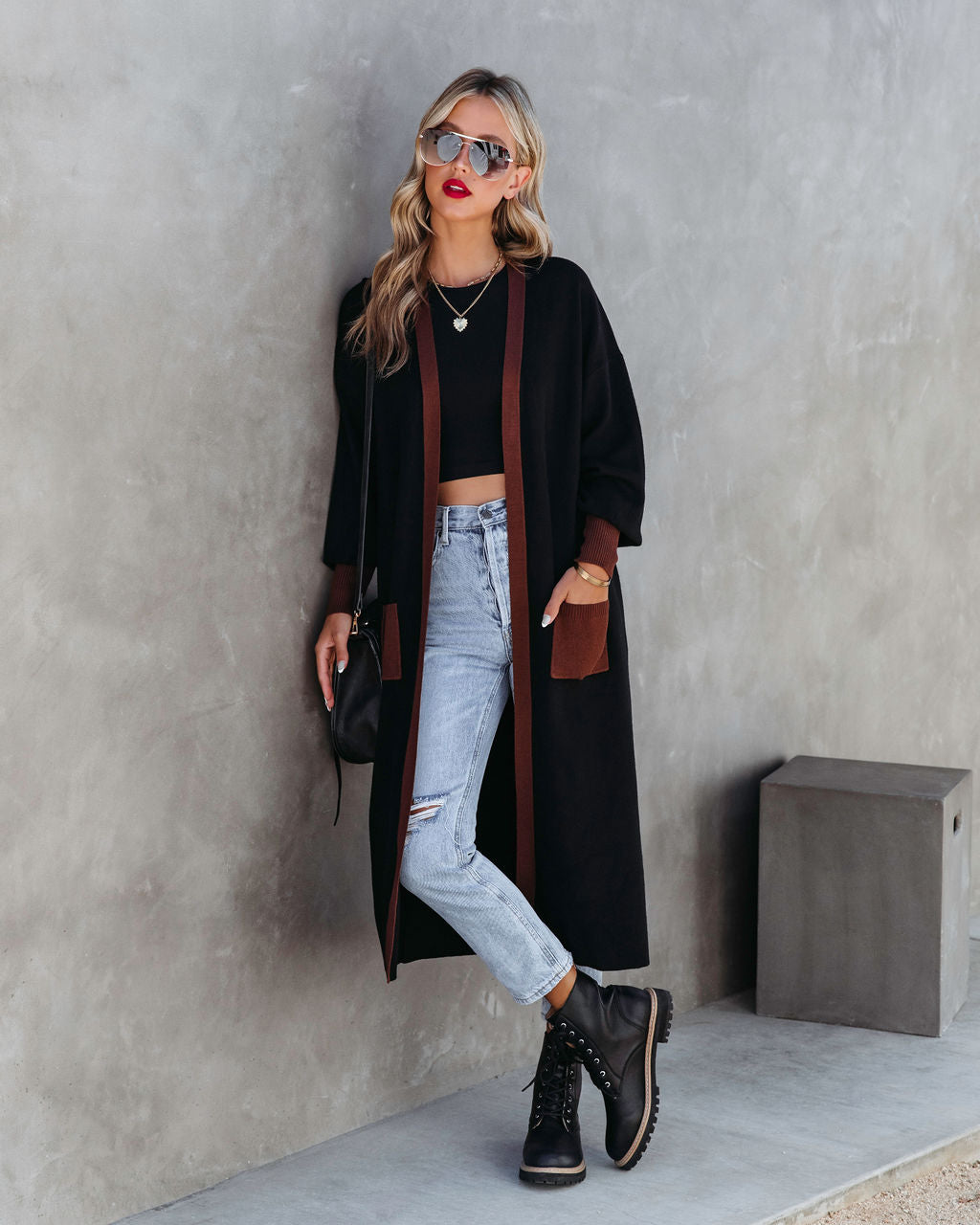 Weekend Errands Pocketed Duster Cardigan - Black