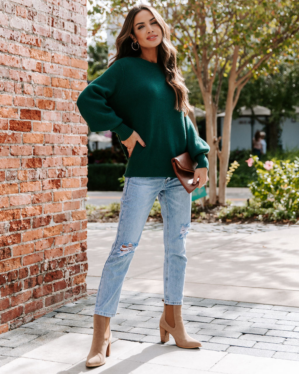 Baby It'S You Knit Balloon Sleeve Pullover Sweater - Hunter Green