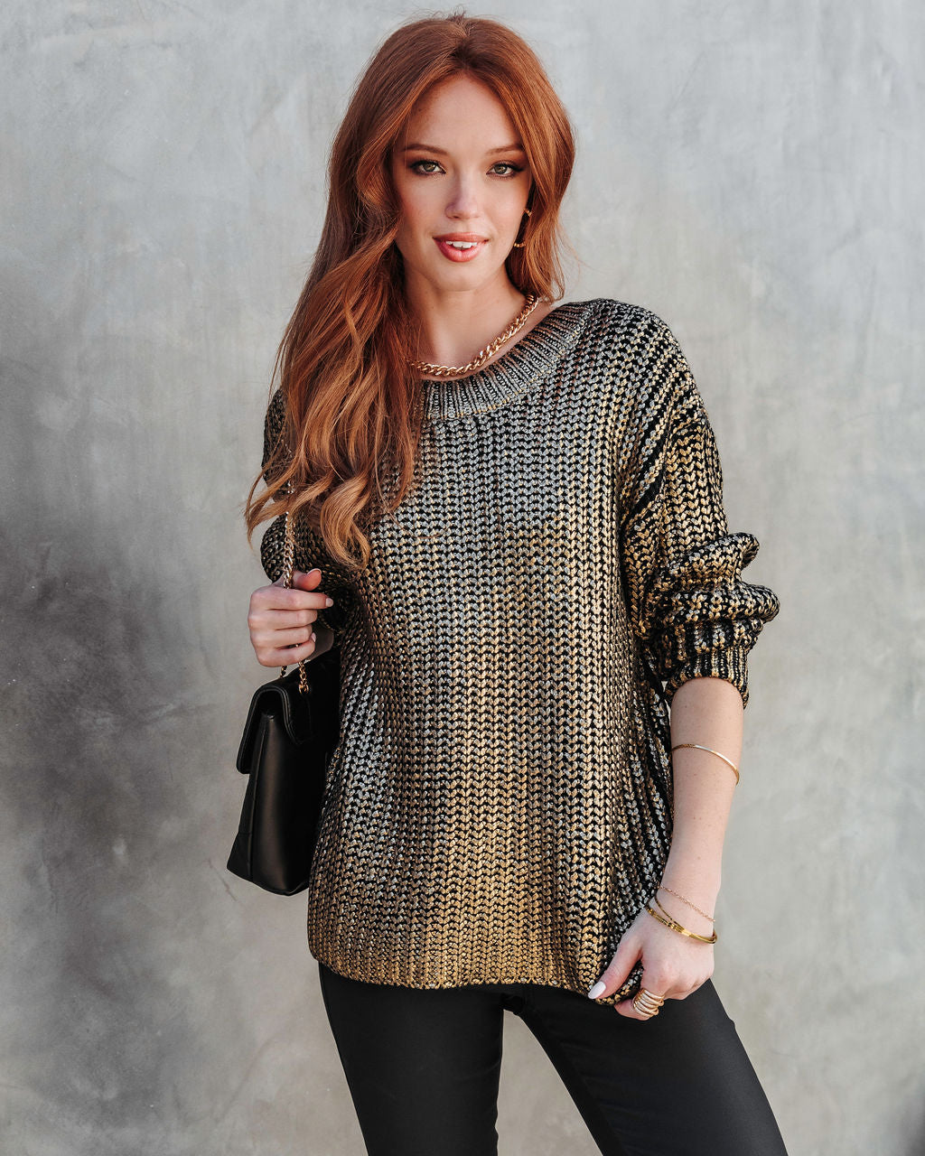 Delightful Cheer Metallic Knit Pullover Sweater - Gold