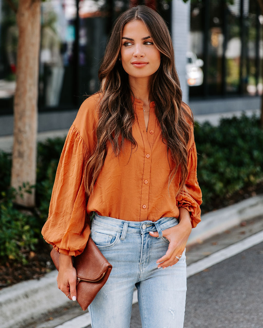 Asher Balloon Sleeve Button Down Top - Clay - SALE