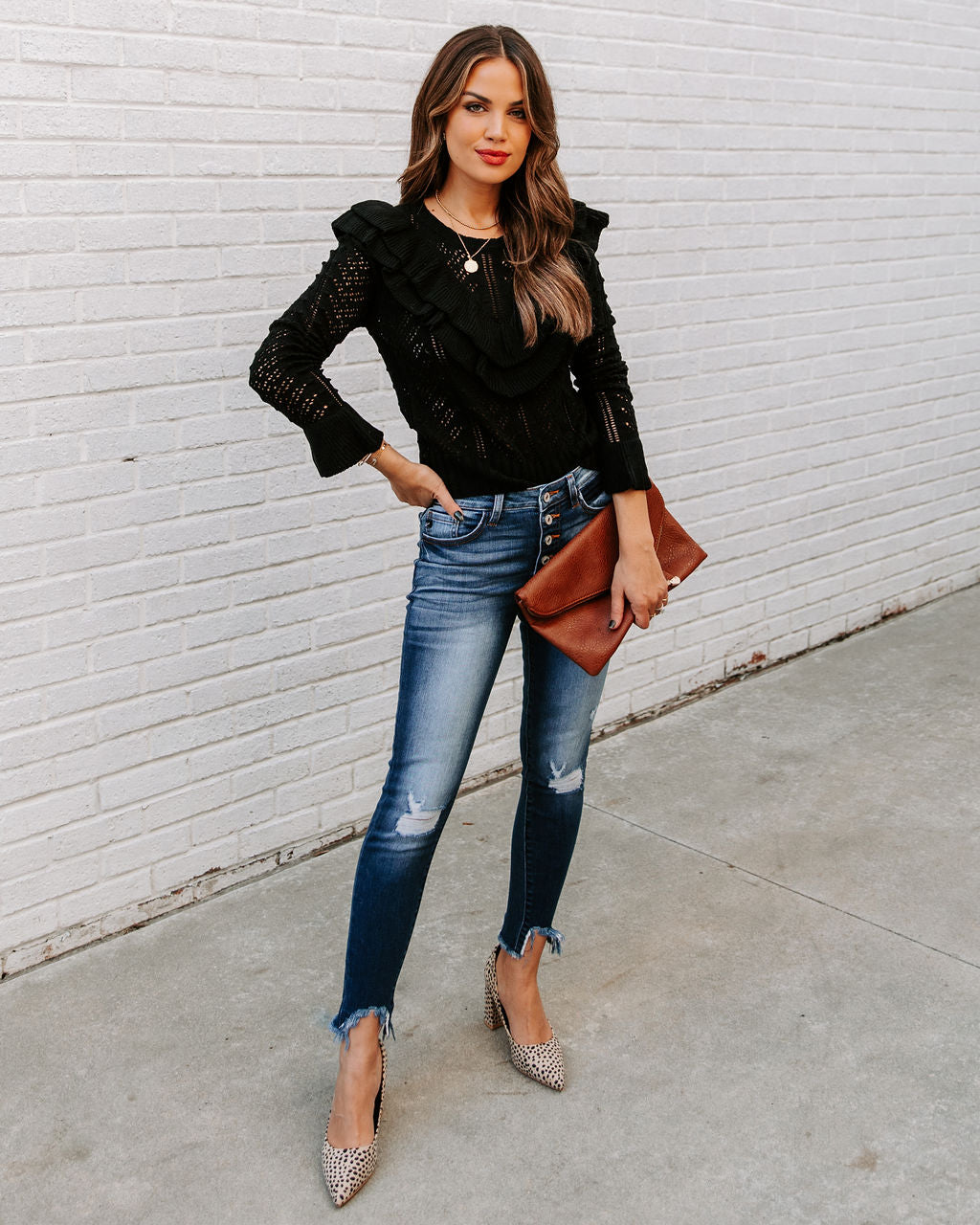 Janessa Ruffle Pointelle Knit Sweater - SALE