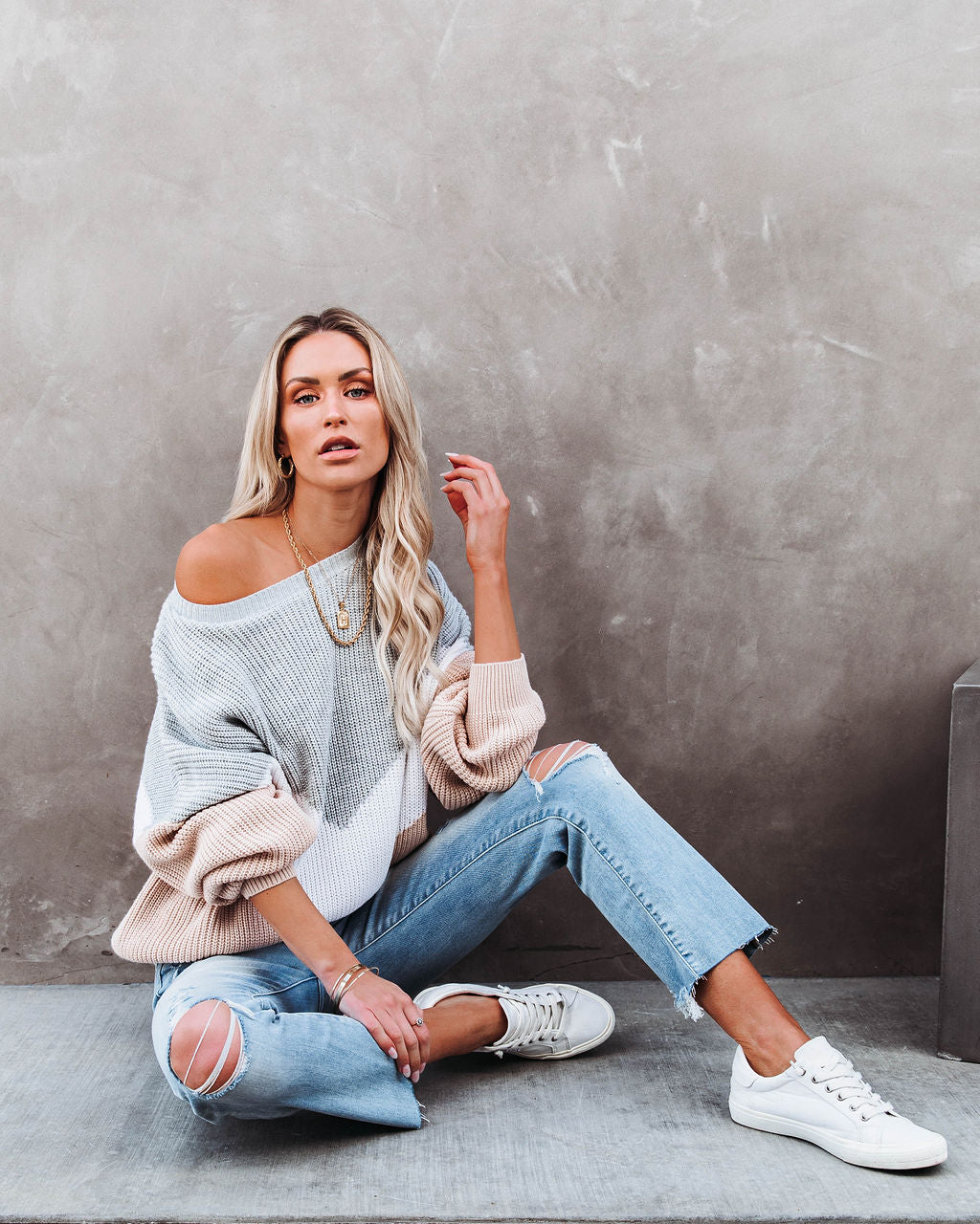 Give Love A Chance Chevron Sweater - Heather Grey/ Taupe