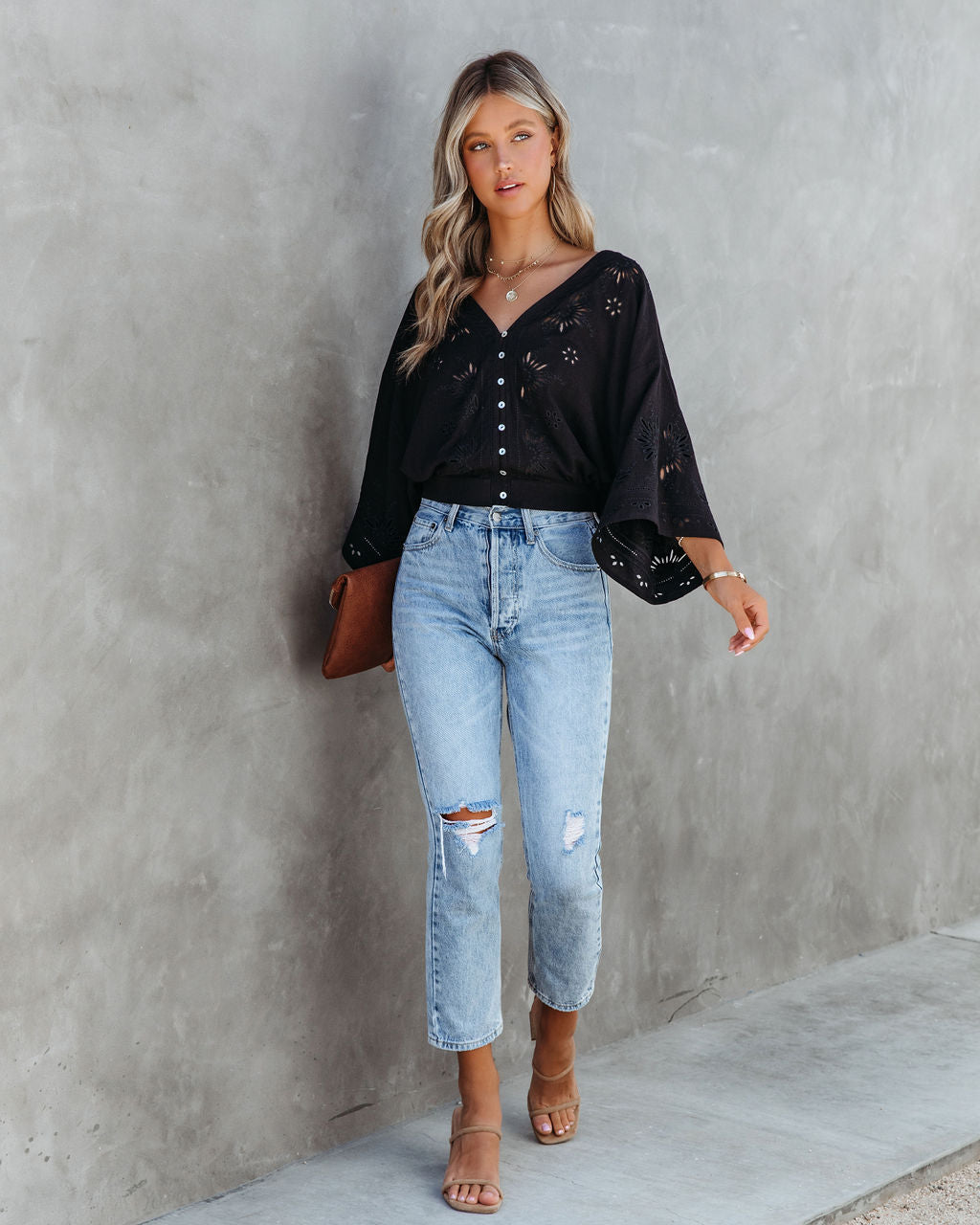 Je T'Aime Eyelet Button Down Top - Black