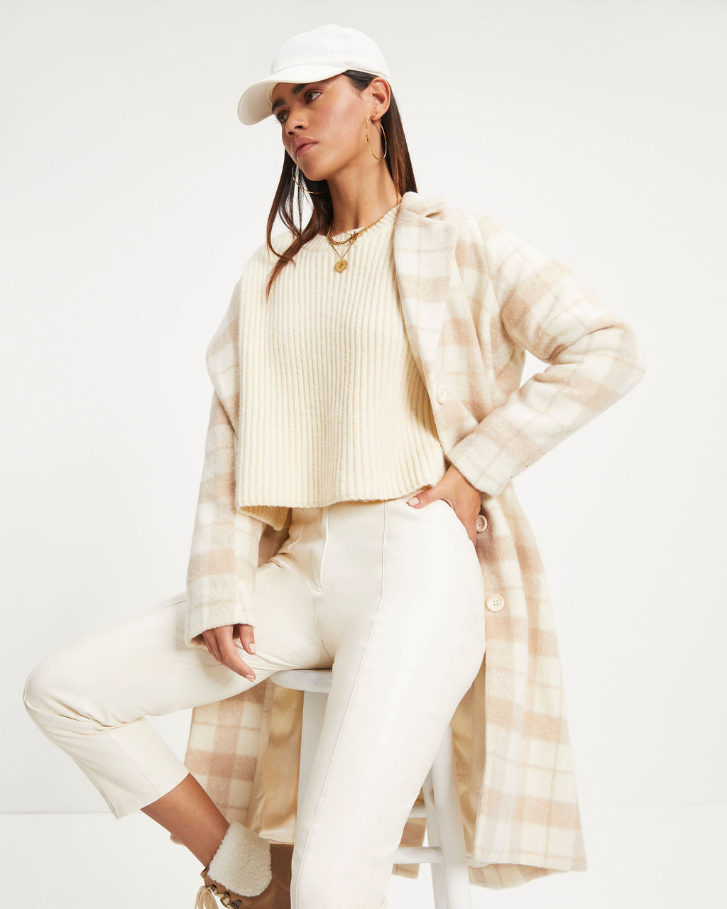 City Girl Pocketed Plaid Coat - Ivory