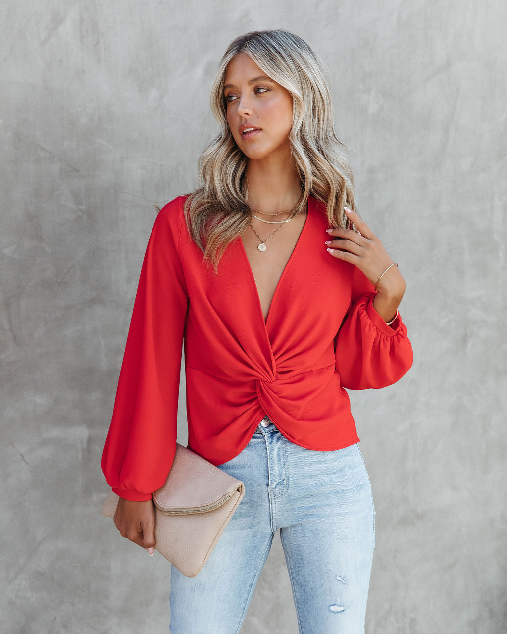 City Dreams Twisted Drape Top - Tomato Red