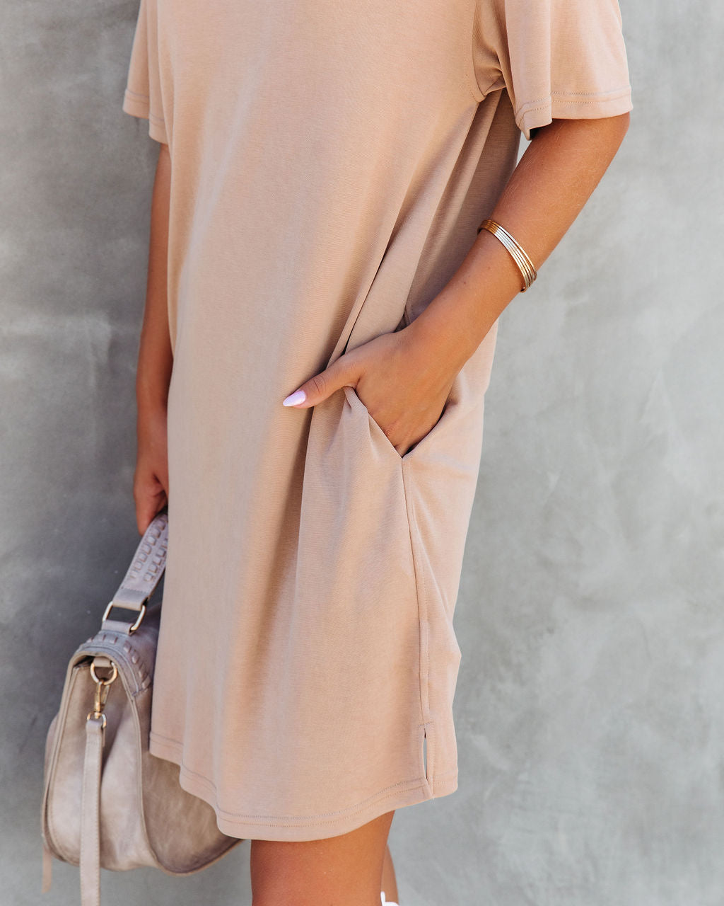 Hailey Pocketed T-Shirt Dress - Camel