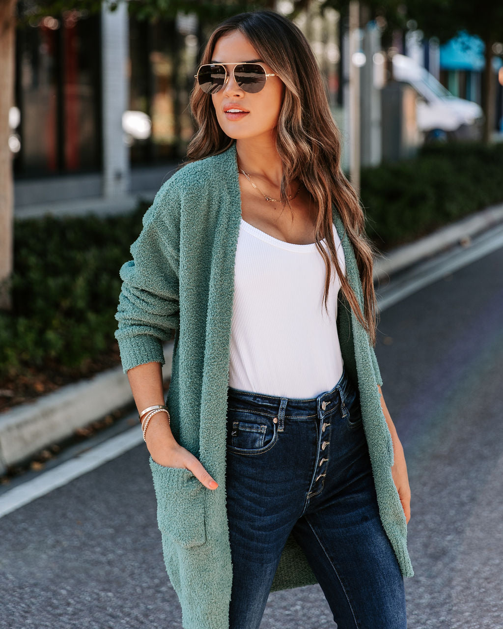 Good Lover Pocketed Chenille Cardigan - Forest Green