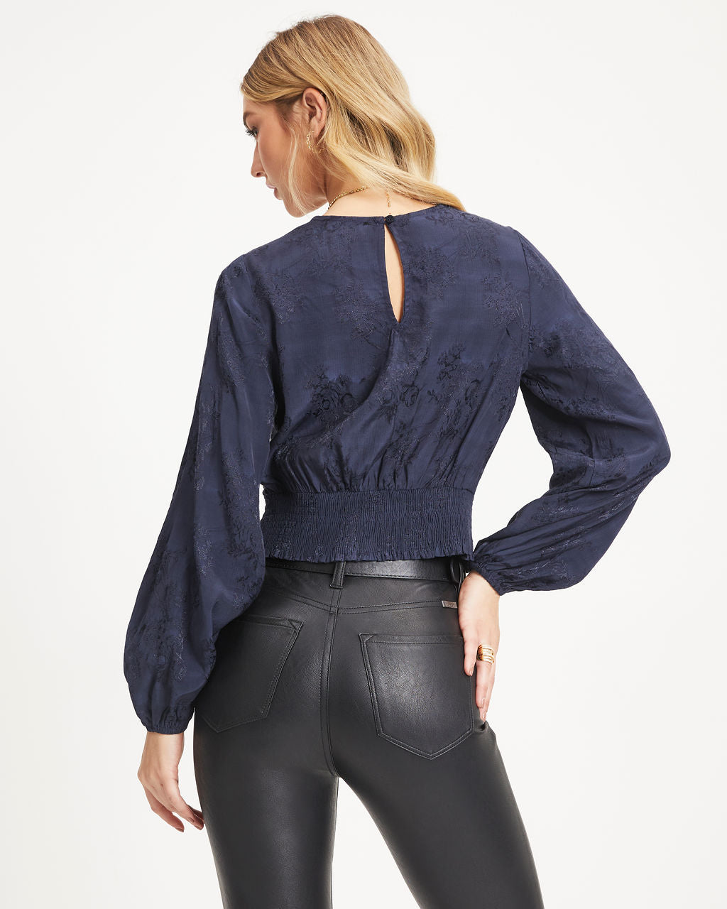 Lynn Floral Embossed Front Twist Top - Navy
