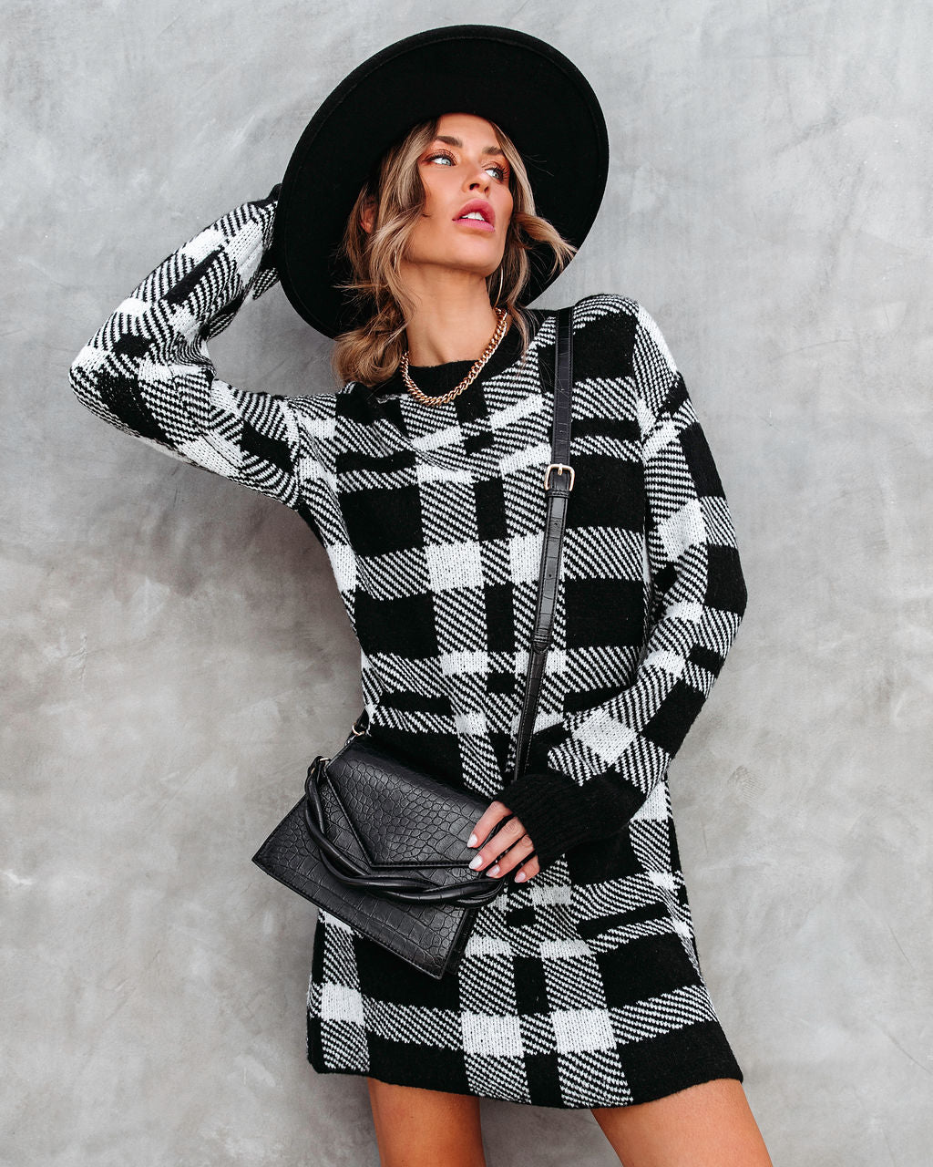 Very Forward Plaid Knit Sweater Dress