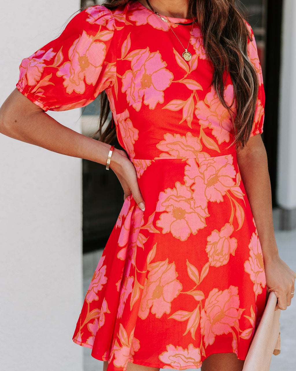 Bunny Cotton Floral Puff Sleeve Mini Dress - Red Pink - SALE