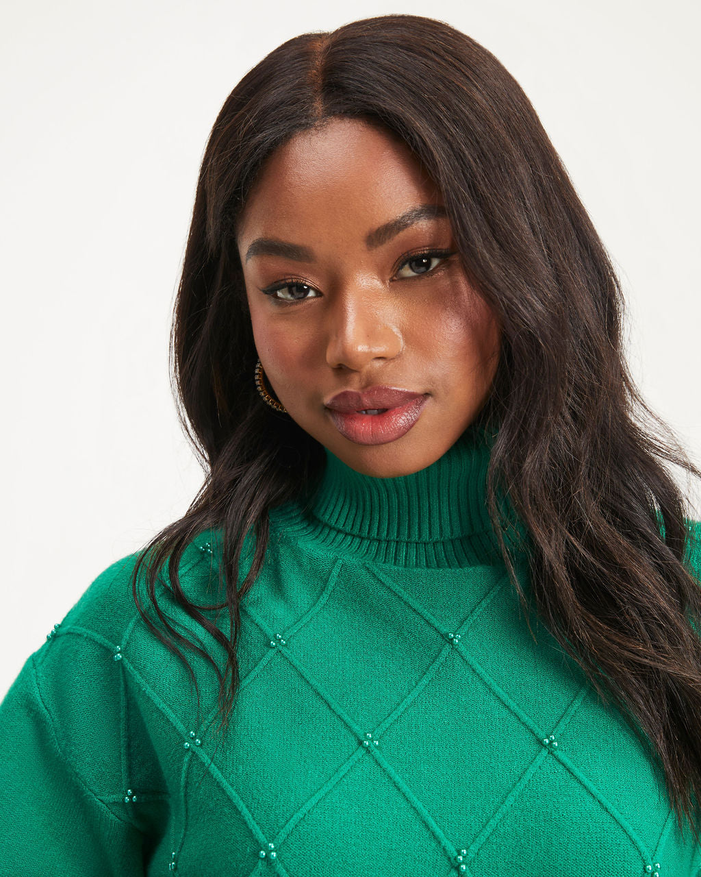 Ruth Knit Turtleneck Pearl Embellished Pullover Sweater - Emerald