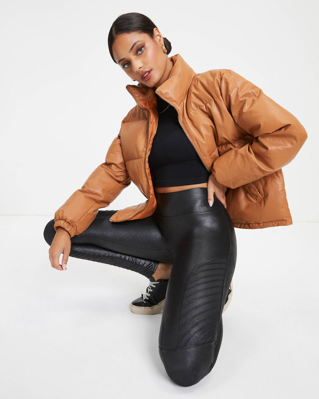 Raza Pocketed Faux Leather Puffer Jacket - Camel