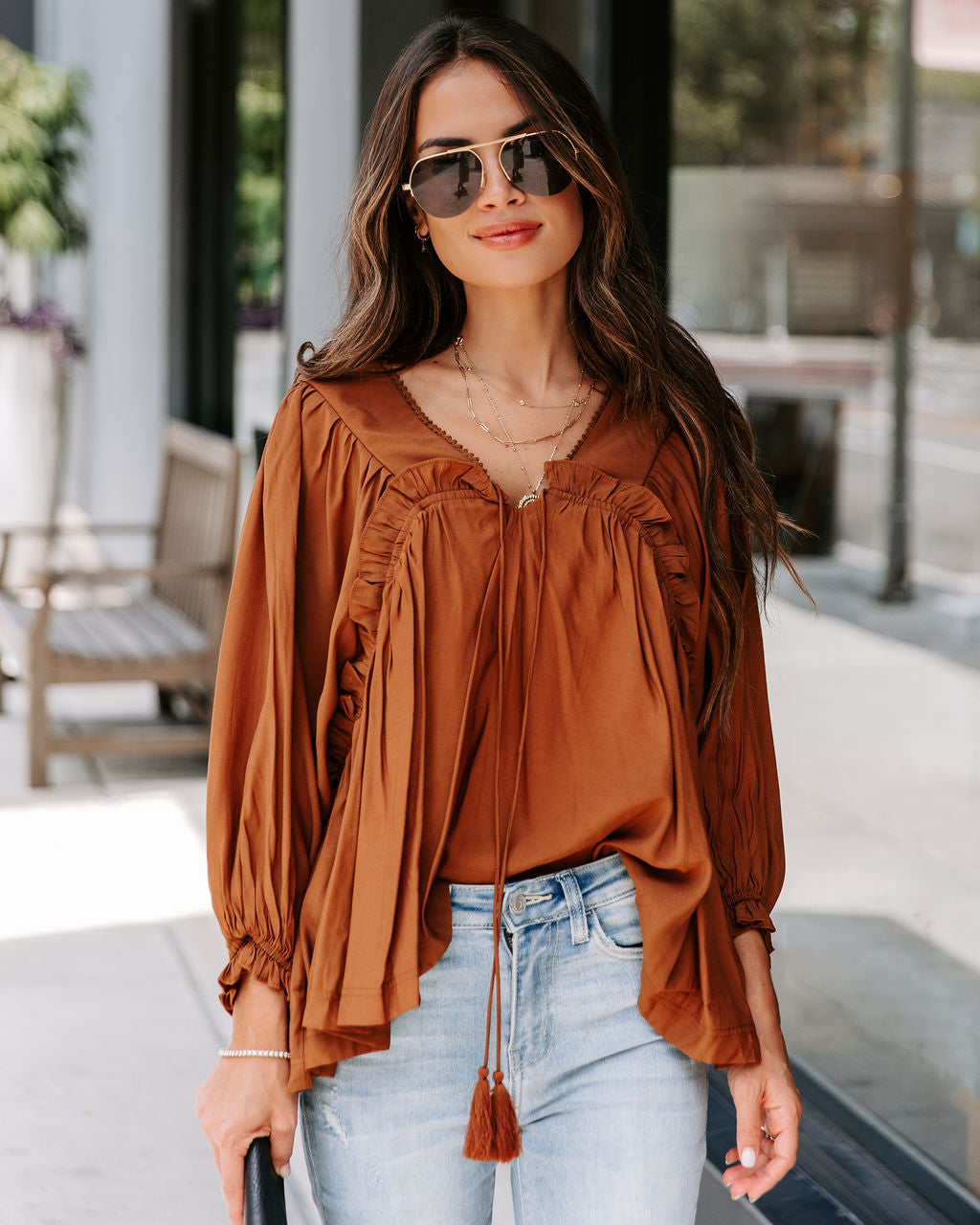 Arrow Ruffle Tassel Tie Top - Cinnamon - SALE