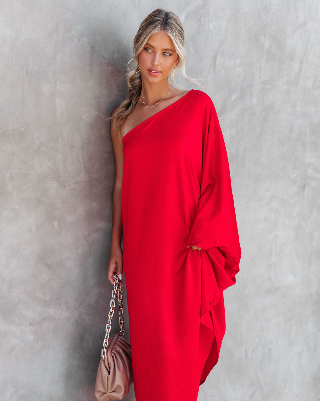 Goddess Of Beauty One Shoulder Satin Maxi Dress - Red