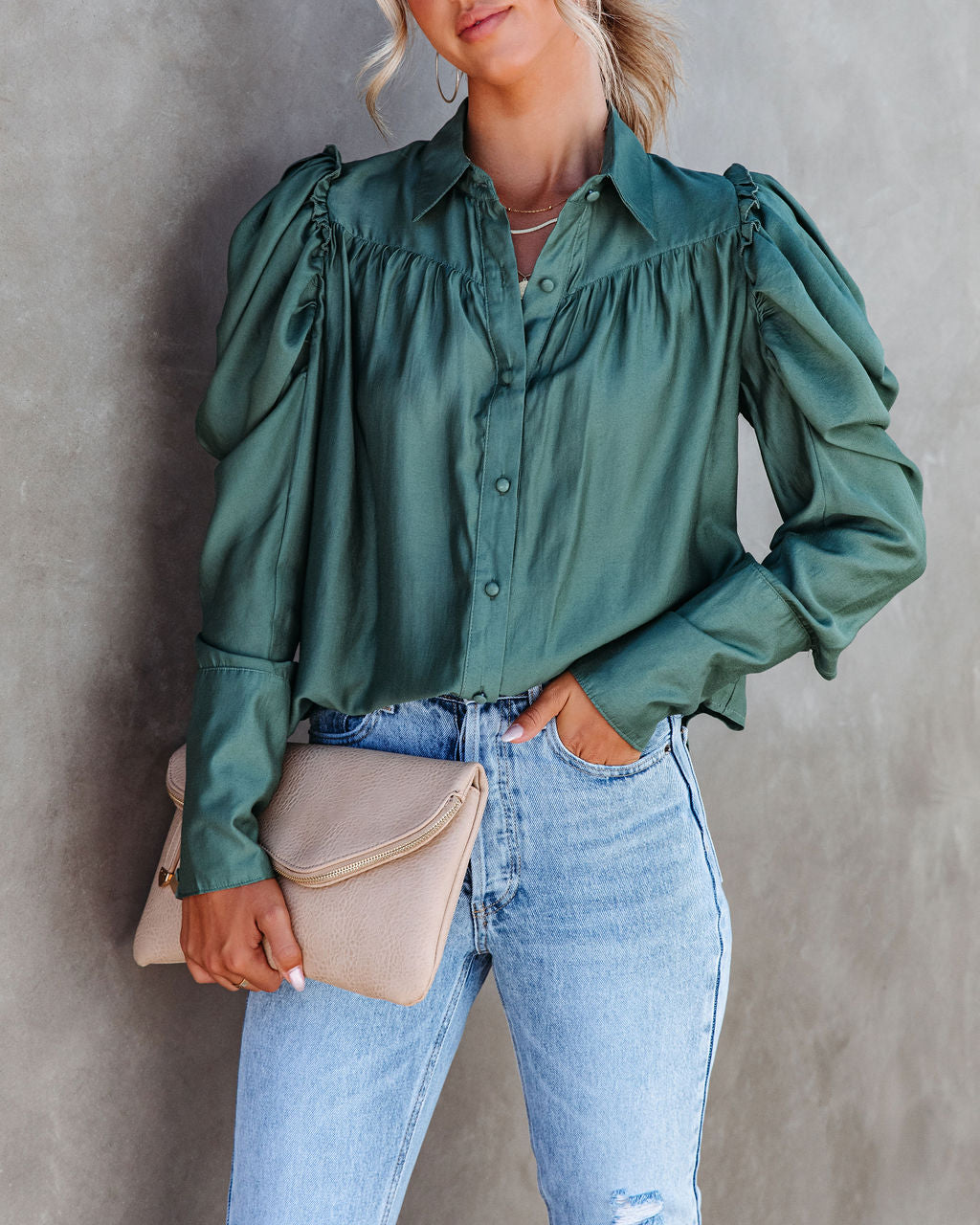 Southern Belle Puff Sleeve Button Down Top - Pine