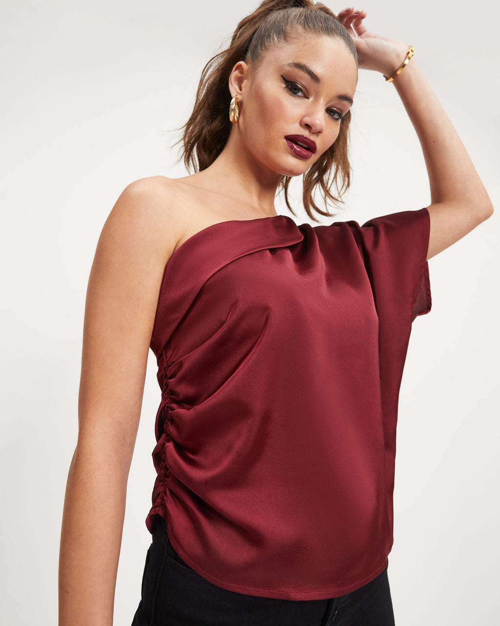 Sylvia Satin One Shoulder Top - Wine