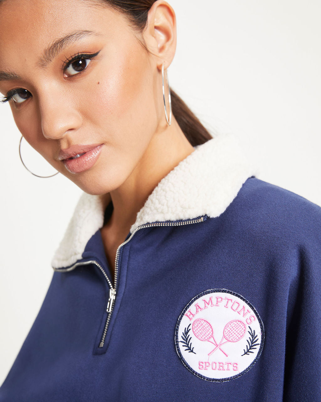 Hamptons Sports Half Zip Sherpa Trim Pocketed Pullover Sweater - Navy